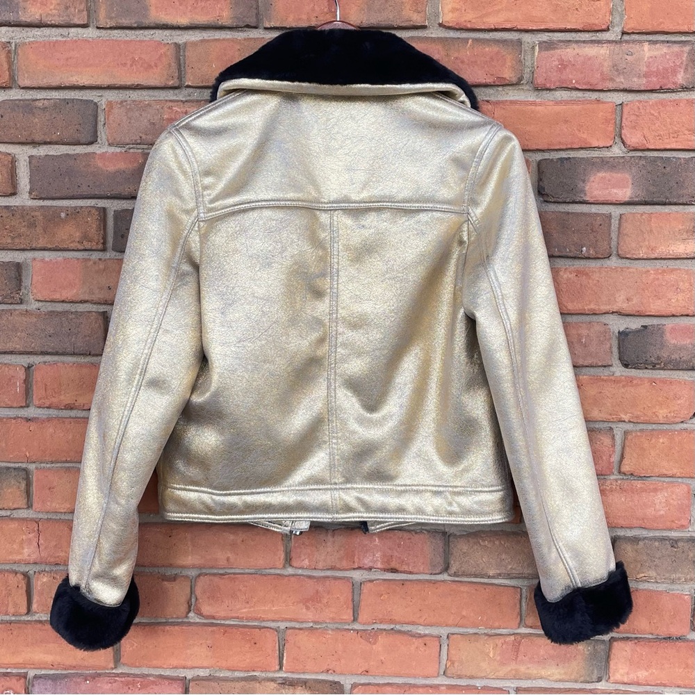 Divided H&M Jacket Gold Crackled Faux Fur Trim Matrix Motorcycle Coat Sz 2 - Picture 2 of 8